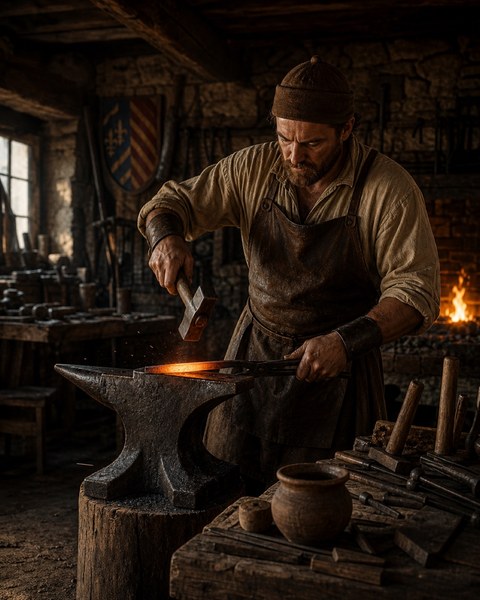 Fierar lucrând metal încins pe nicovală