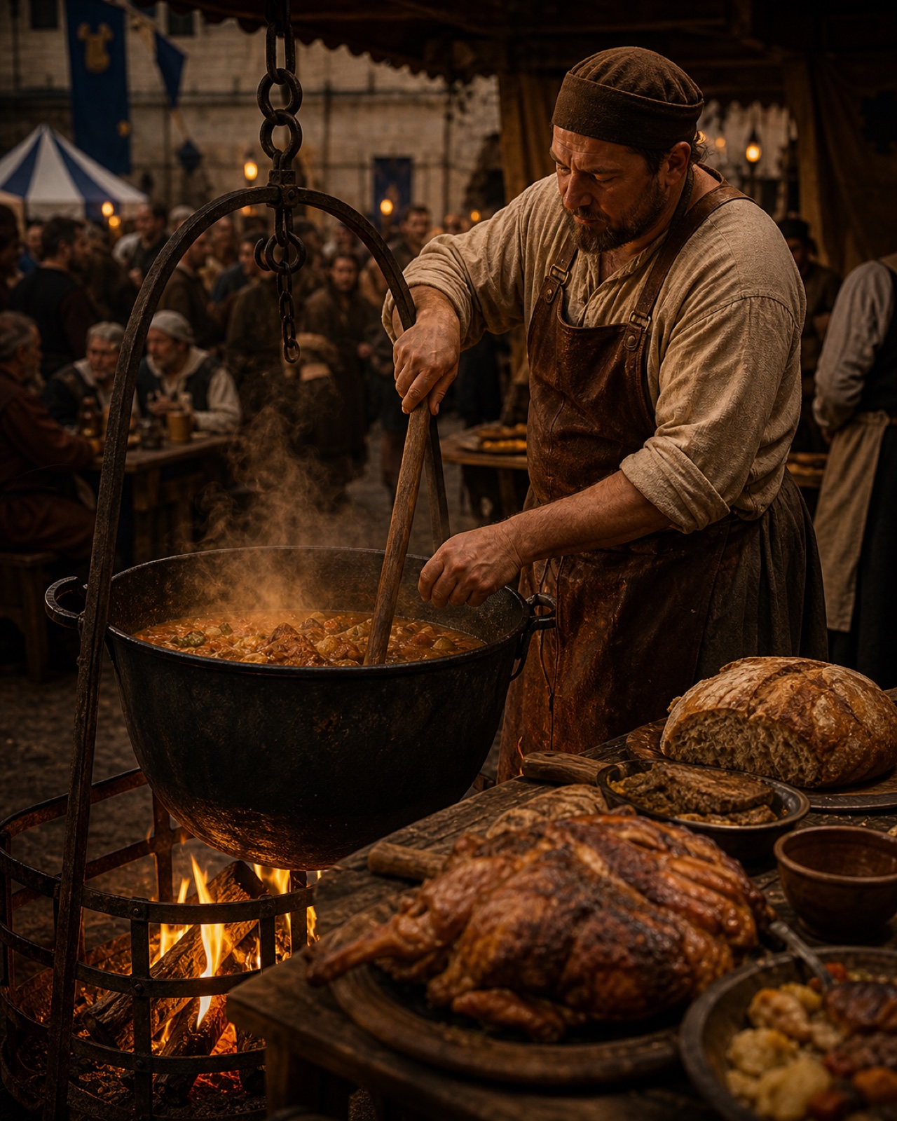 Bucătar medieval pregătind mâncare la foc