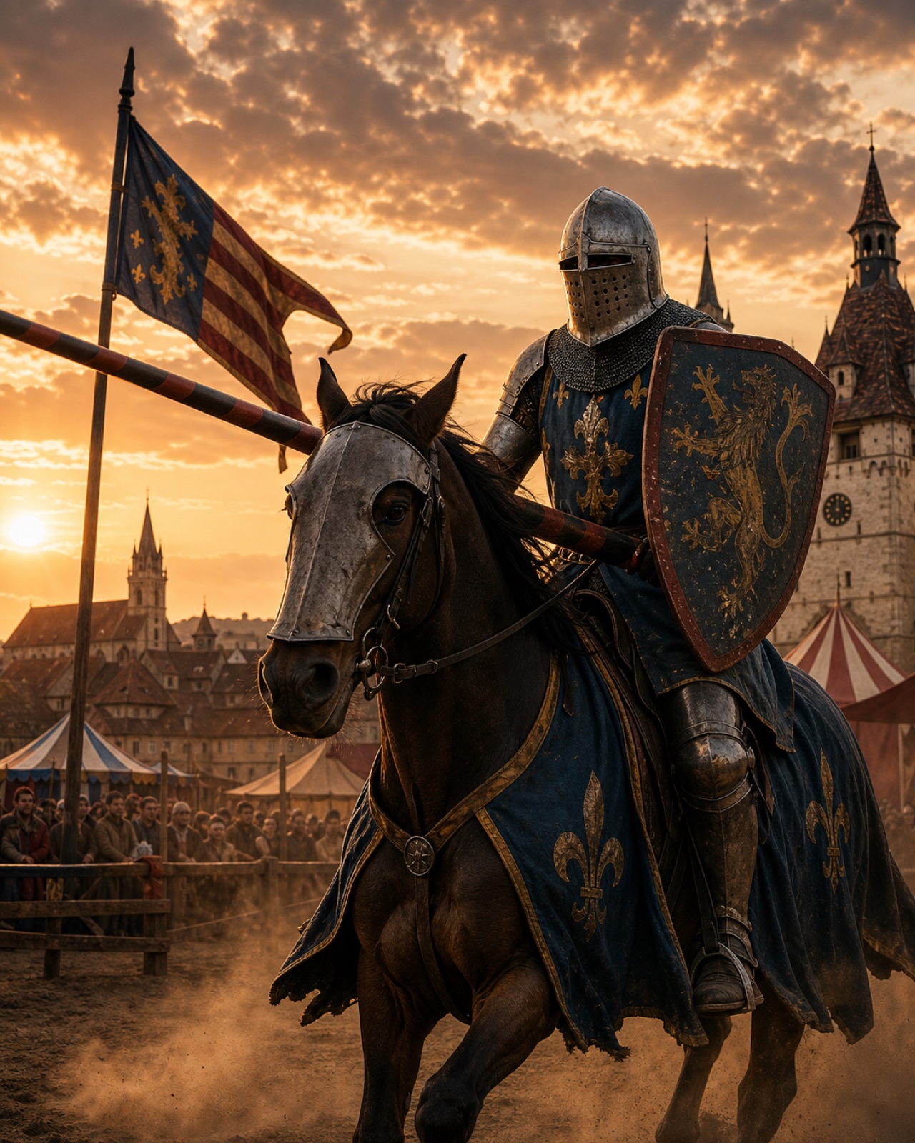 Cavaler medieval călare într-un turnir la apus