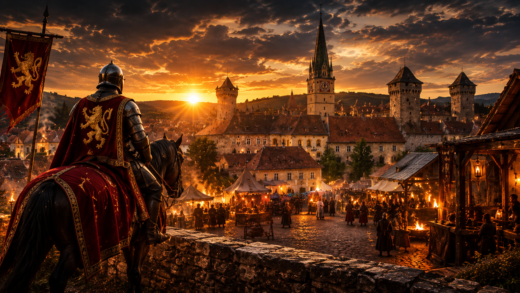 Panoramă medievală a Mediașului la apus, cu un cavaler privind spre cetate