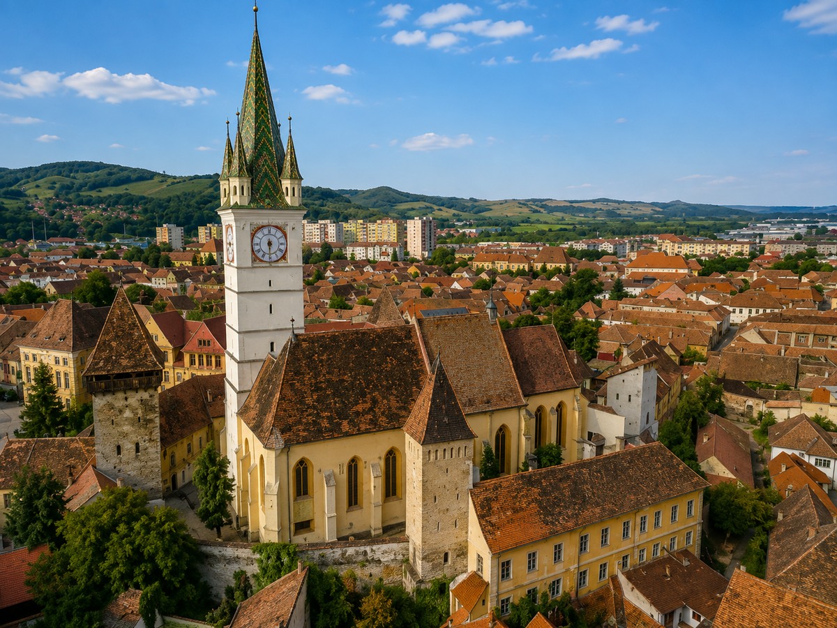 Fotografie aeriană actuală a centrului istoric din Mediaș