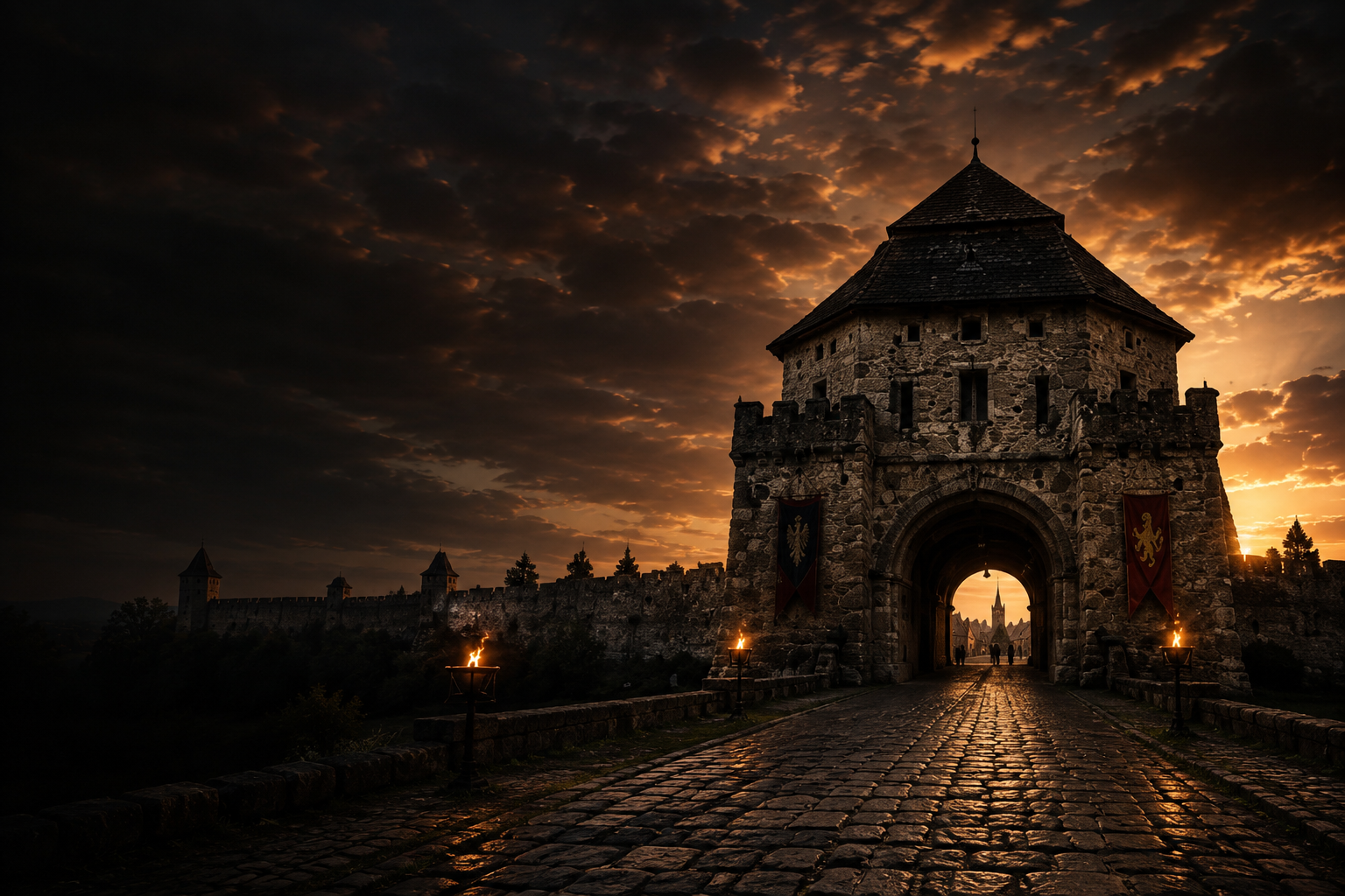 Poartă de cetate medievală luminată la apus